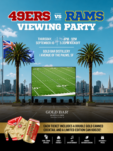 Promotional poster for a 49ers vs Rams viewing party at Gold Bar Distillery, showing a large stadium screen with a football field, palm trees, ocean, and city skyline in the background. Text includes event date/time/location and a gold can and red-and-gold glove graphic at the bottom.