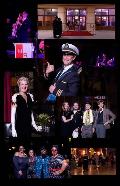 A 9-photo collage of events, parties, and celebrations. The photos show people at a night event, a captain in a navy uniform giving a thumbs up, guests posing, and a band performing on stage.